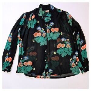 Vintage Harbinger Black Floral Print Sheer Rayon Button Up Blouse‎ Top Size S